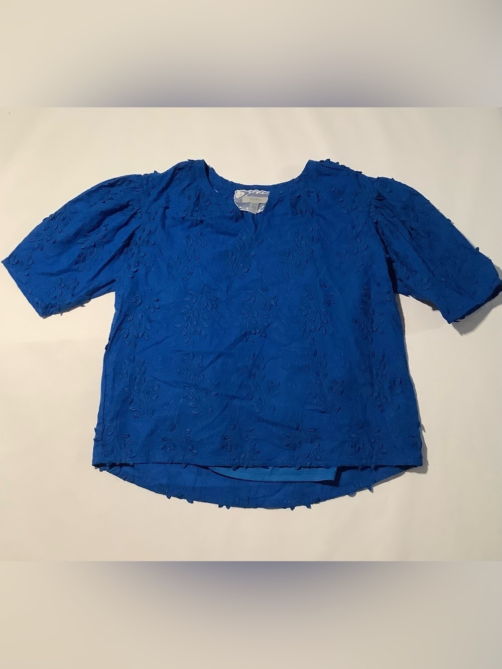 Cupio Women’s Small Royal Blue Embroidered Split Neck Top Short Sleeve Top - Picture 3 of 7